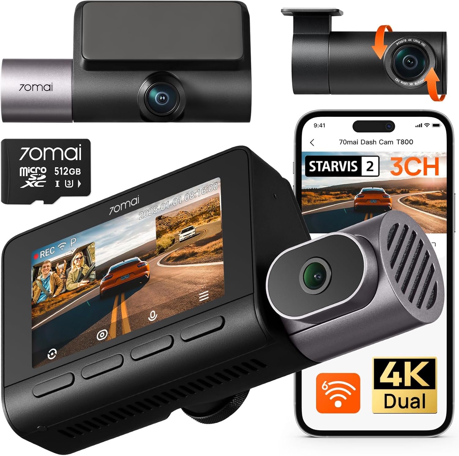 70mai Dash Cam 4K T800 3 Channel Dual 4K